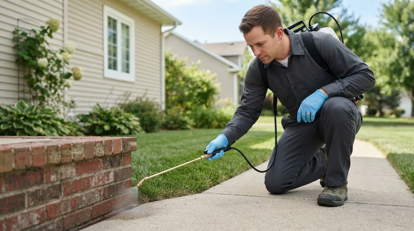 Pest control technician treating a home near Adona, AR